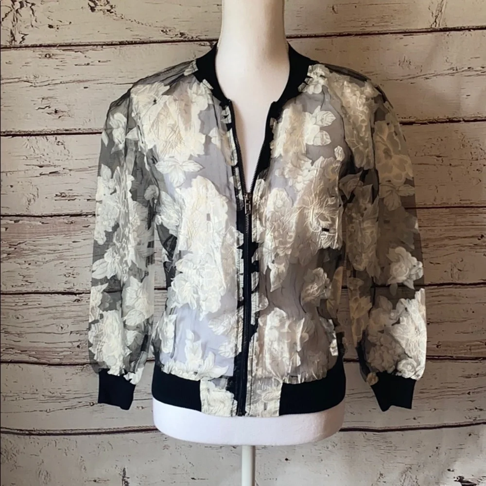 Hot & Delicious Blk Sheer Floral Bomber Small